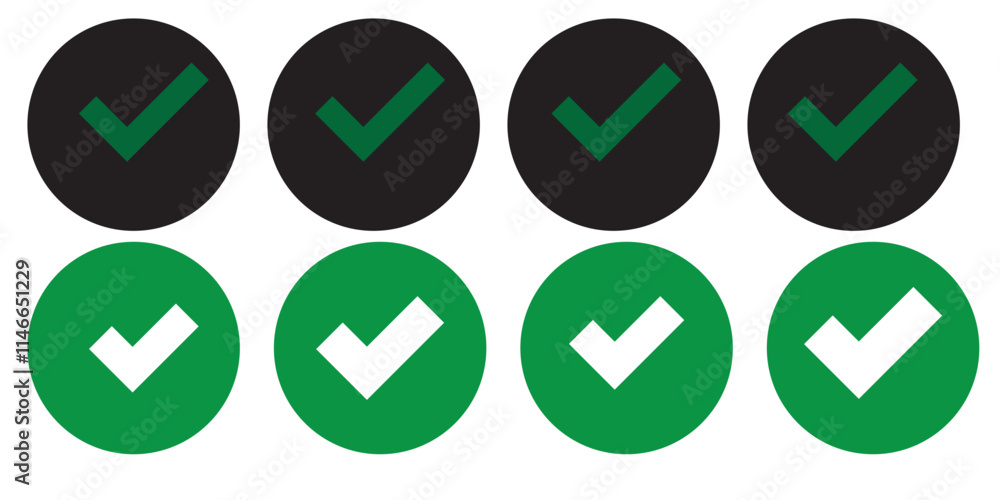 Green check mark and red cross icon set. Circle and square. Checkmark Illustration. Vector symbols set ,green checkmark. Vector illustration. Green check mark and red cross icon set. Circle and square. Checkmark Illustration. Vector symbols set ,green checkmark. Vector illustration.