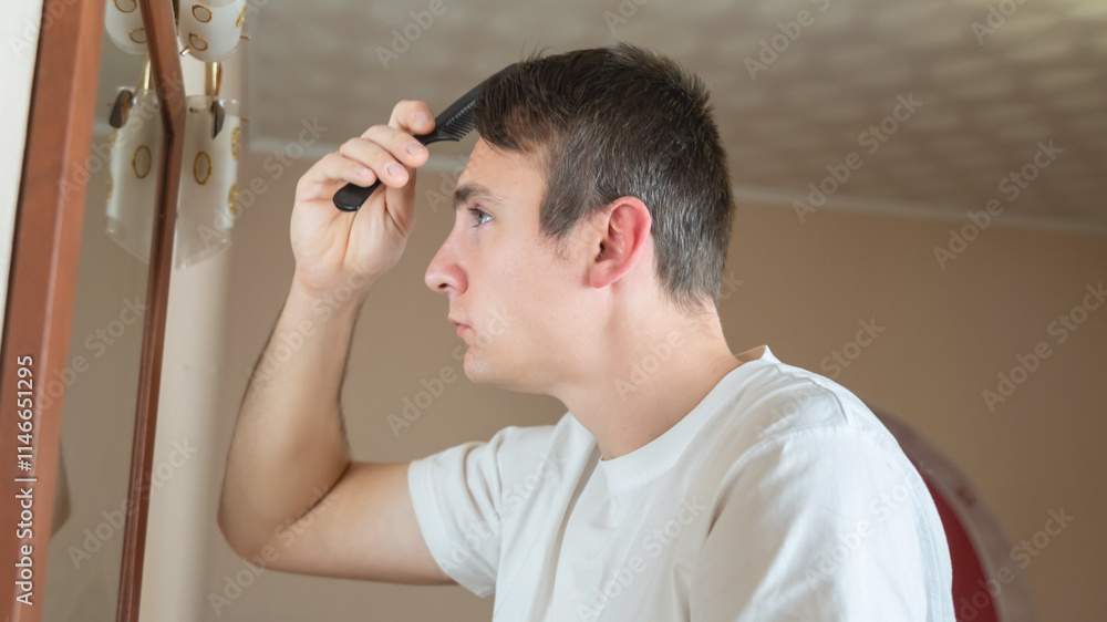 Young man comb his hair looking in the mirror at the bedroom. Young man comb his hair looking in the mirror at the bedroom.