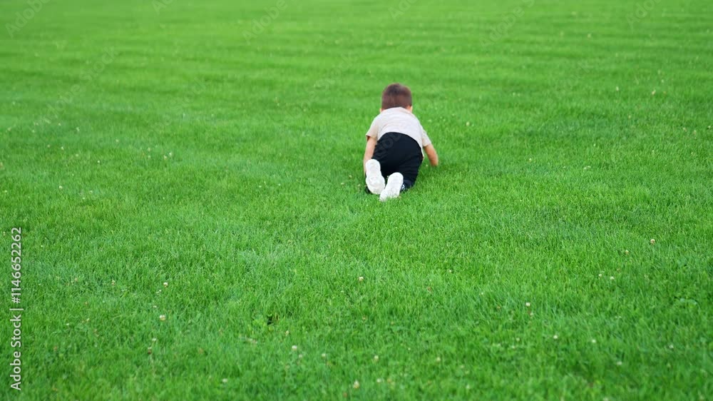 Toddler crawls by the cut green grass to pick his ball. Happy baby boy having fun outdoors in summer. Toddler crawls by the cut green grass to pick his ball. Happy baby boy having fun outdoors in summer.