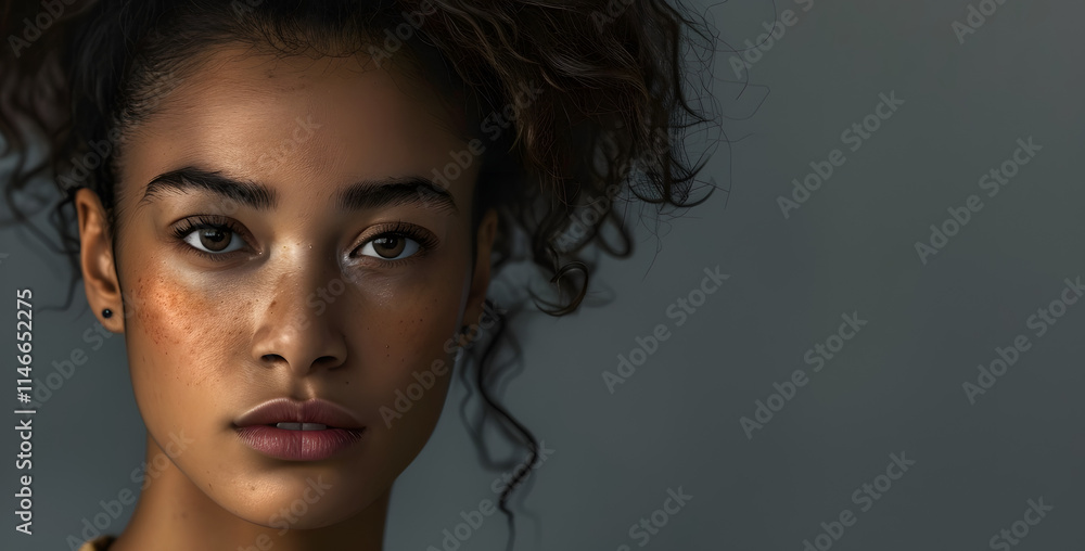 A portrait of a multiracial woman in a studio looking at the camera over a grey background. A generative AI image. A portrait of a multiracial woman in a studio looking at the camera over a grey background. A generative AI image.