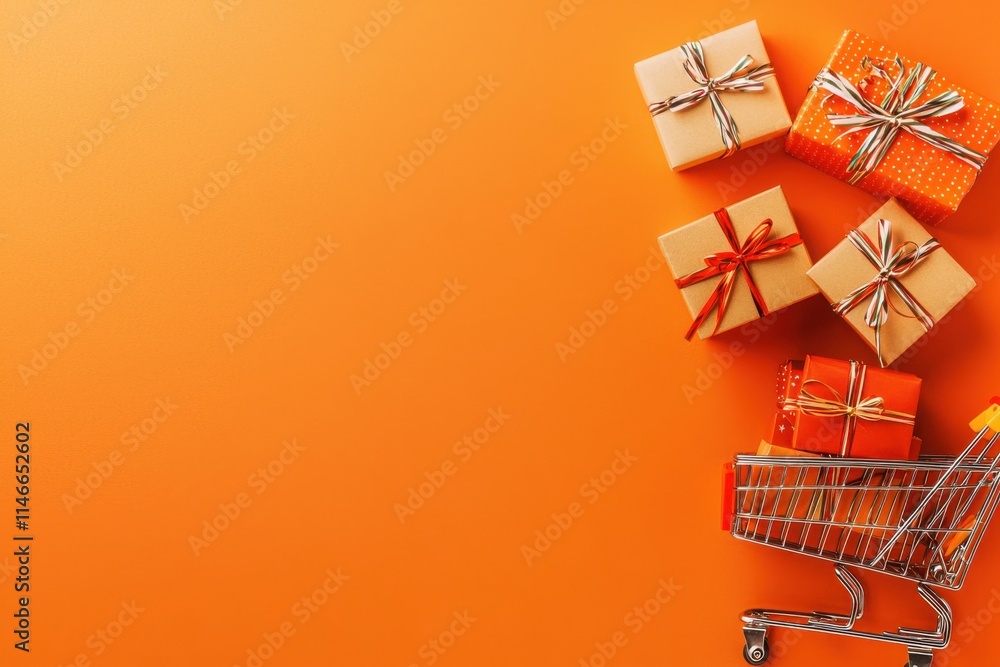 Unique overhead view of a shopping cart loaded with colorful gift boxes store environment product photography vibrant background Unique overhead view of a shopping cart loaded with colorful gift boxes store environment product photography vibrant background