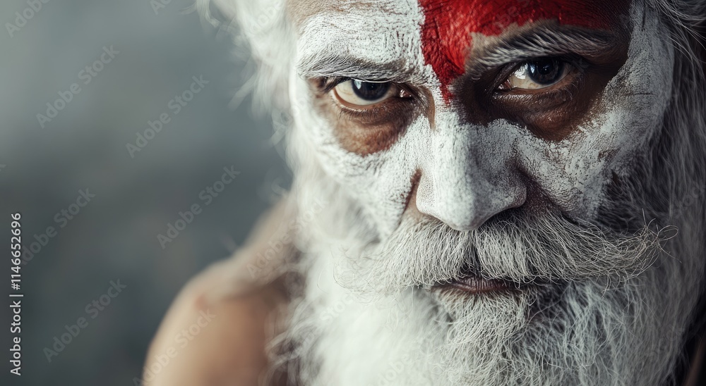 Portrait of an old sadhu with face painted in white and red, long hair, big beard, dressed as Indians Portrait of an old sadhu with face painted in white and red, long hair, big beard, dressed as Indians
