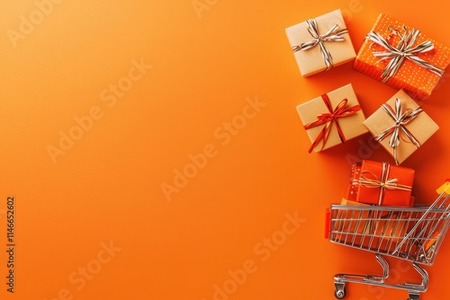 Unique overhead view of a shopping cart loaded with colorful gift boxes store environment product photography vibrant background photo