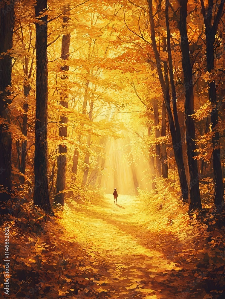 Obraz premium A whimsical autumn forest scene with sunlight filtering through the golden trees