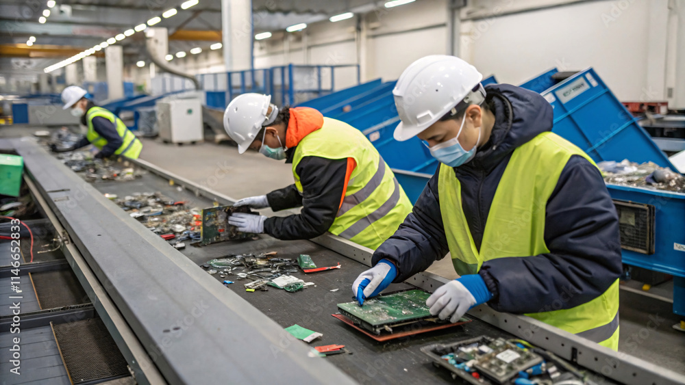 Fototapeta premium Workers in protective gear sort electronic waste on conveyor belts in a modern recycling facility, reflecting a commitment to environmental sustainability and efficient waste management
