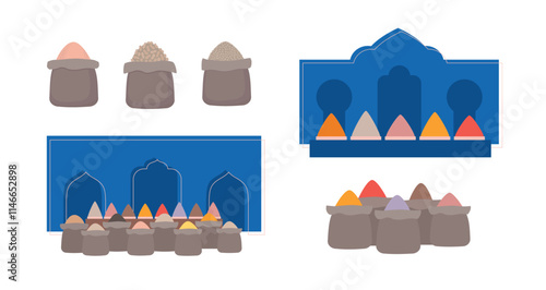 Eastern asian arabic spice market. Oriental bazaar elements vector illustration. Simple arabian shop