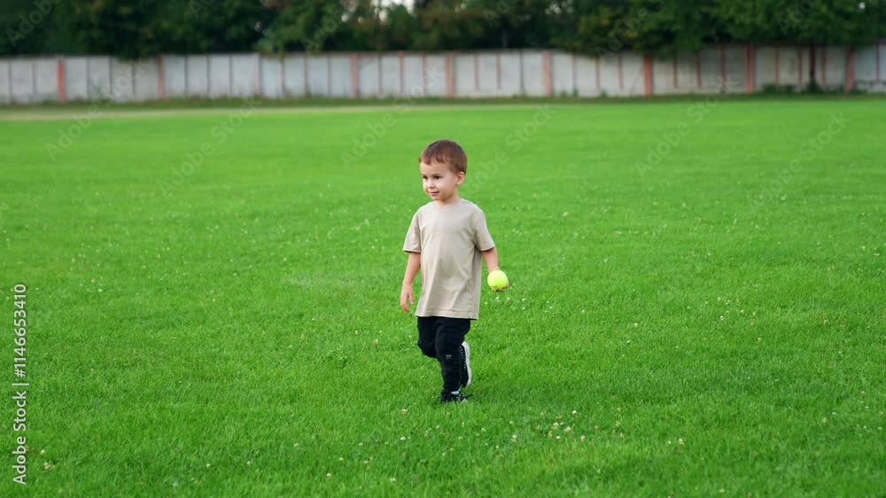 Cute Caucasian toddler plays with his ball on the green lawn. Lovely happy baby boy having fun active time outdoors in summer. Cute Caucasian toddler plays with his ball on the green lawn. Lovely happy baby boy having fun active time outdoors in summer.