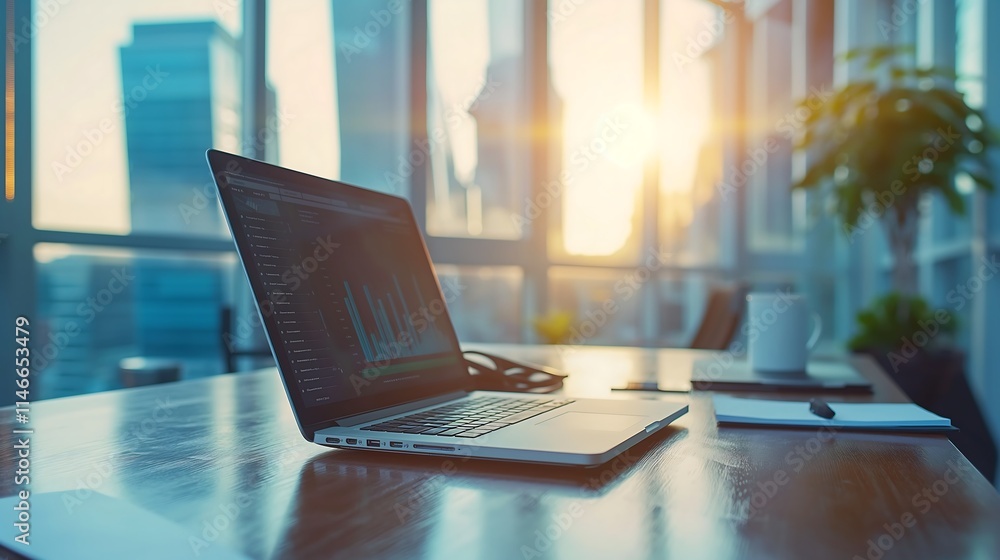 Open laptop on a wooden desk with charts visualizing key financial statistics in a business meeting room. Open laptop on a wooden desk with charts visualizing key financial statistics in a business meeting room.