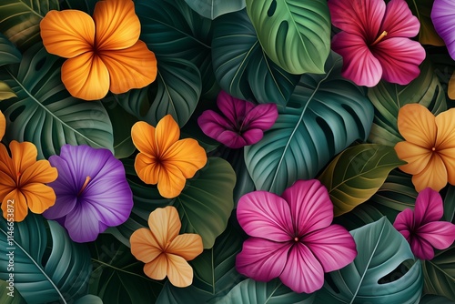 Wallpaper Mural High-resolution wallpaper featuring vibrant flowers and lush leaves on a seamless background.  Torontodigital.ca