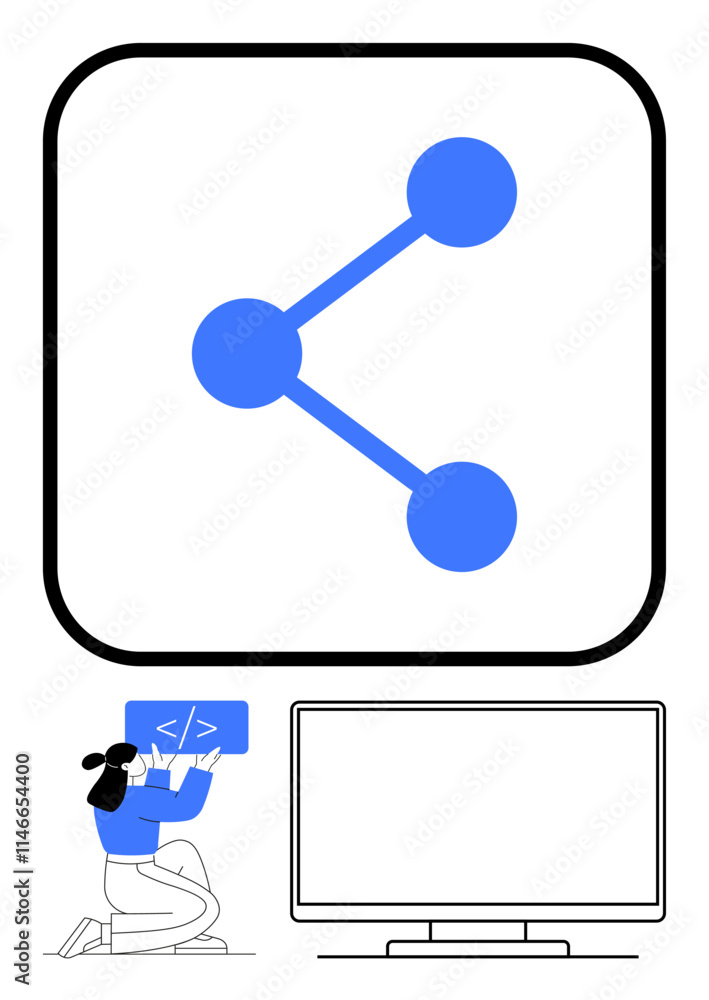 Large blue sharing sign with developer holding up blue HTML tag next to a blank computer screen. Ideal for software development, coding, web design, social media, connectivity, information sharing