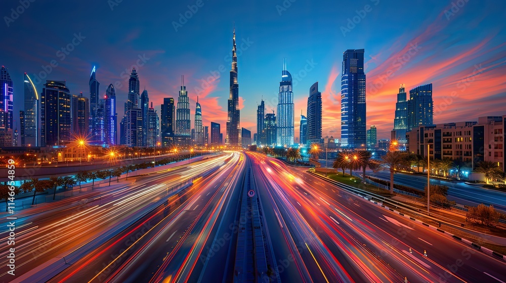 Fototapeta premium A vibrant cityscape at dusk featuring skyscrapers and illuminated traffic.