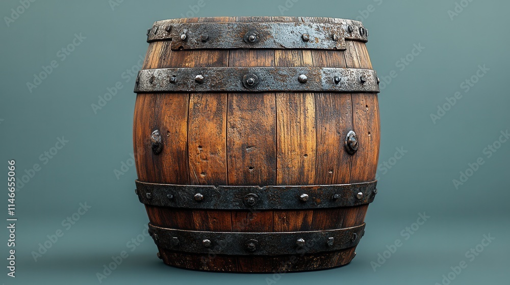 Fototapeta premium A rustic wooden barrel with metal bands, often used for storage or aging beverages.