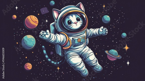 A cute cat in a spacesuit floating among colorful planets and stars in outer space.