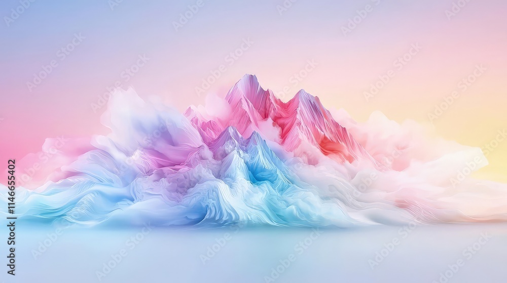 Fototapeta premium Abstract 3D render of a colorful pastel mountain range made of fluid waves and soft smoke against a gradient background.