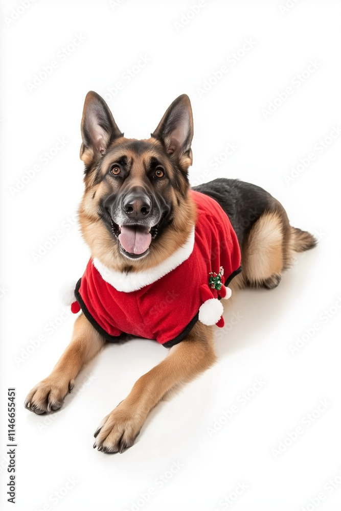 Full body shot of German Shepherd dog, lying down, smiling. Wearing Christmas costume. Full body shot of German Shepherd dog, lying down, smiling. Wearing Christmas costume.