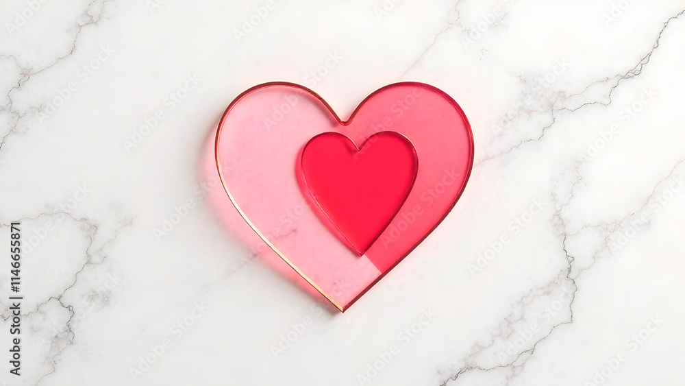 A pair of translucent pink and red hearts layered on a marble background, perfect for Valentine's Day promotions, love-themed designs, or romantic product packaging. Selective focus A pair of translucent pink and red hearts layered on a marble background, perfect for Valentine's Day promotions, love-themed designs, or romantic product packaging. Selective focus
