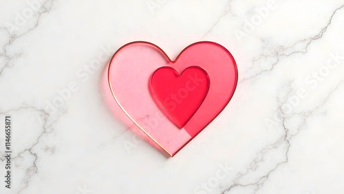 A pair of translucent pink and red hearts layered on a marble background, perfect for Valentine's Day promotions, love-themed designs, or romantic product packaging. Selective focus