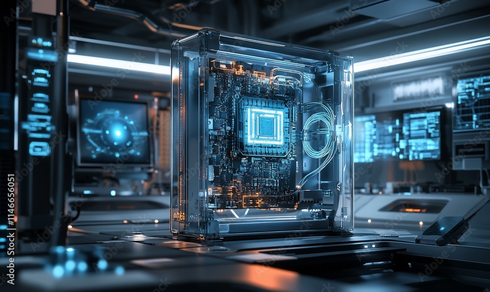 A futuristic computer chip housed in a transparent casing, showcasing advanced technology. A futuristic computer chip housed in a transparent casing, showcasing advanced technology.
