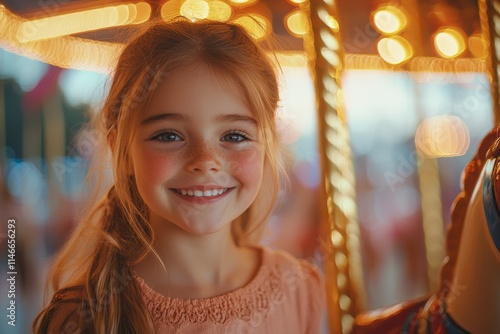 Young girl enjoys a merry-go-round ride at a carnival during the evening with bright lights and a joyful atmosphere. Generative AI photo