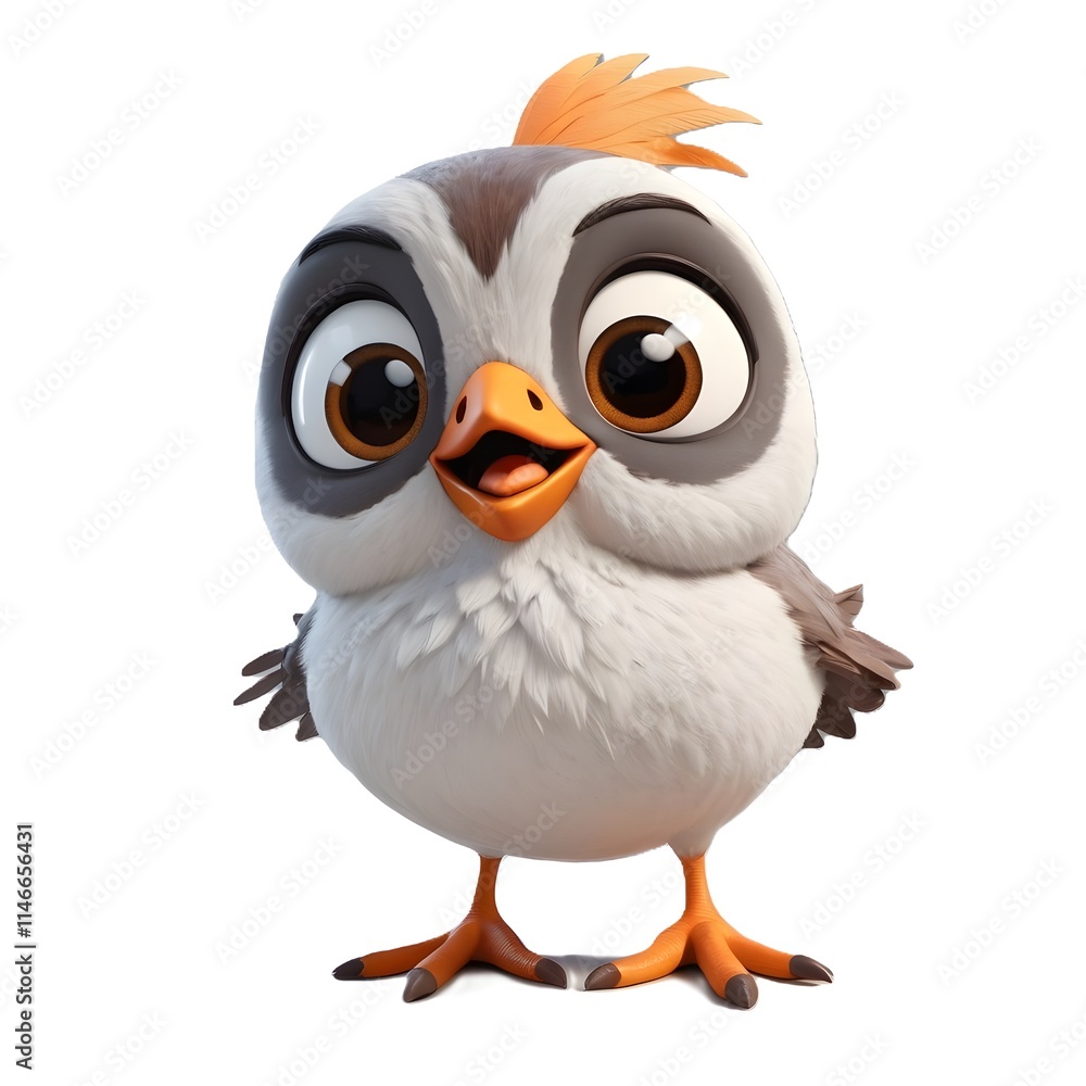 A 3D render of a cartoon bird with large, brown eyes A 3D render of a cartoon bird with large, brown eyes