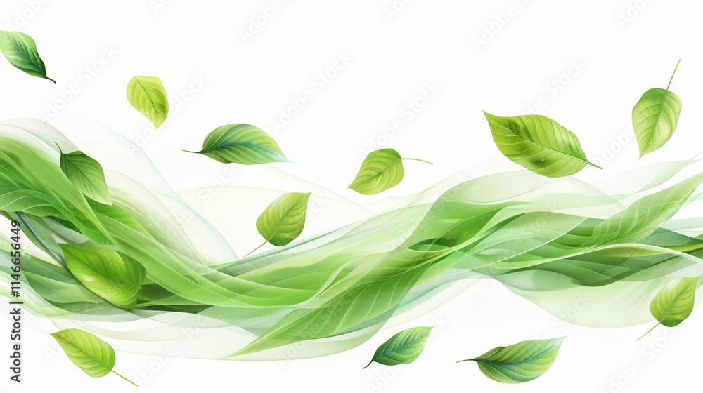 A banner design with green floating leaves over a wave pattern, isolated on a clean white background. A banner design with green floating leaves over a wave pattern, isolated on a clean white background.