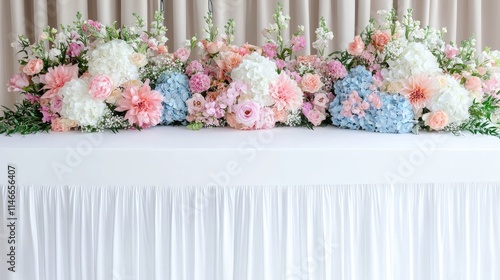 Elegant pastel flower arrangement on a white table.