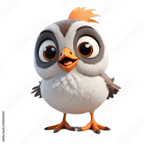 A 3D render of a cartoon bird with large, brown eyes 