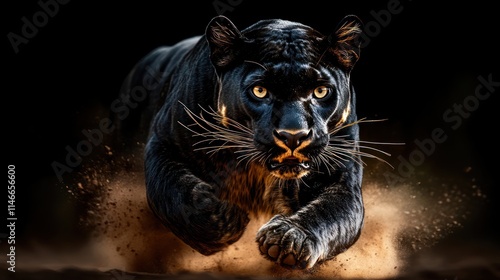 Black panther leaping, dust, dark background. photo