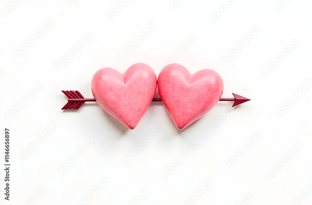 Two pink hearts pierced by a red arrow. Perfect for Valentine's Day cards, romantic designs, and love-themed projects. Selective focus Two pink hearts pierced by a red arrow. Perfect for Valentine's Day cards, romantic designs, and love-themed projects. Selective focus