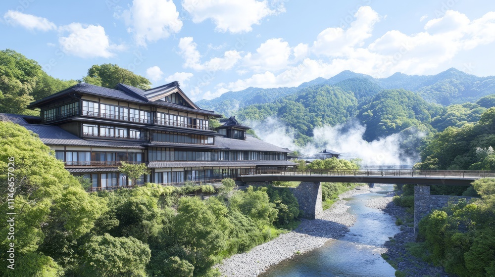 Serene Mountain Resort Hotel with River and Bridge Serene Mountain Resort Hotel with River and Bridge
