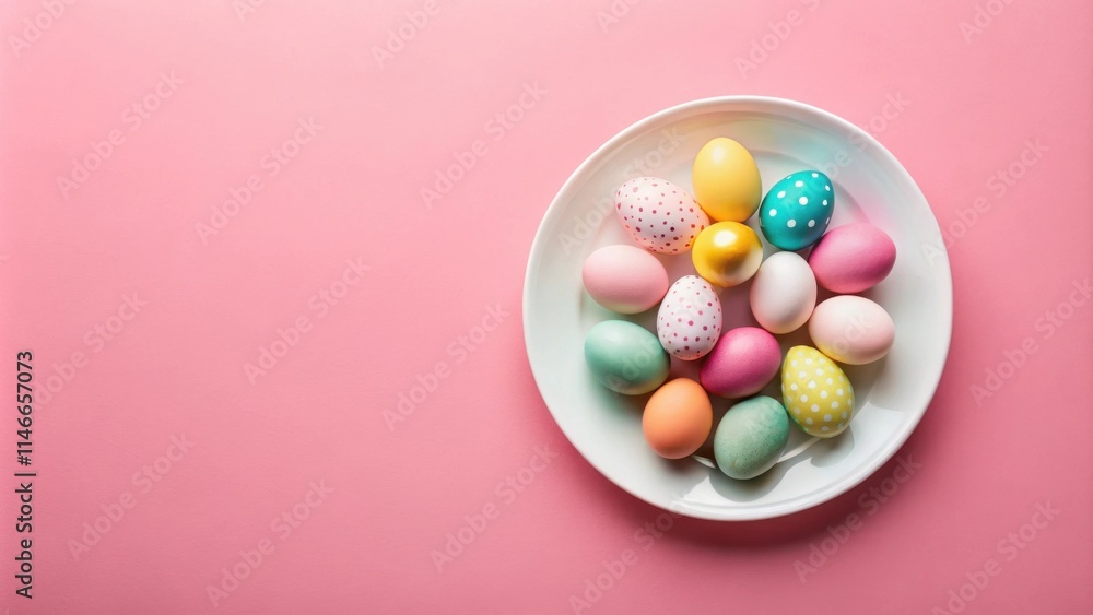 Obraz premium A Festive Display of Colorful Easter Eggs on a White Plate Against a Pink Background