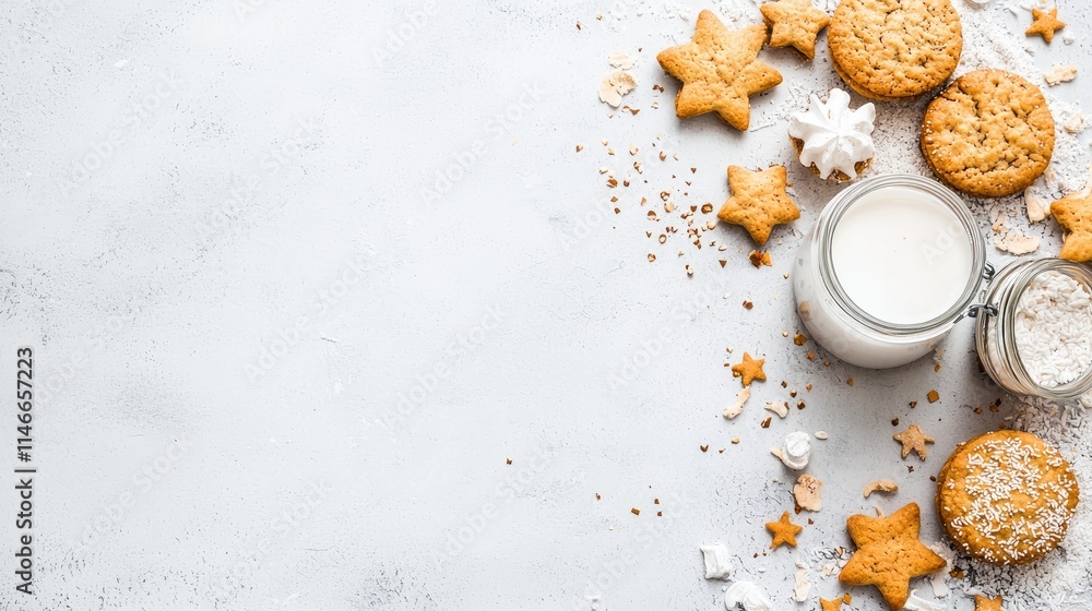 Milk, cookies, and sprinkles on a light grey background. Milk, cookies, and sprinkles on a light grey background.