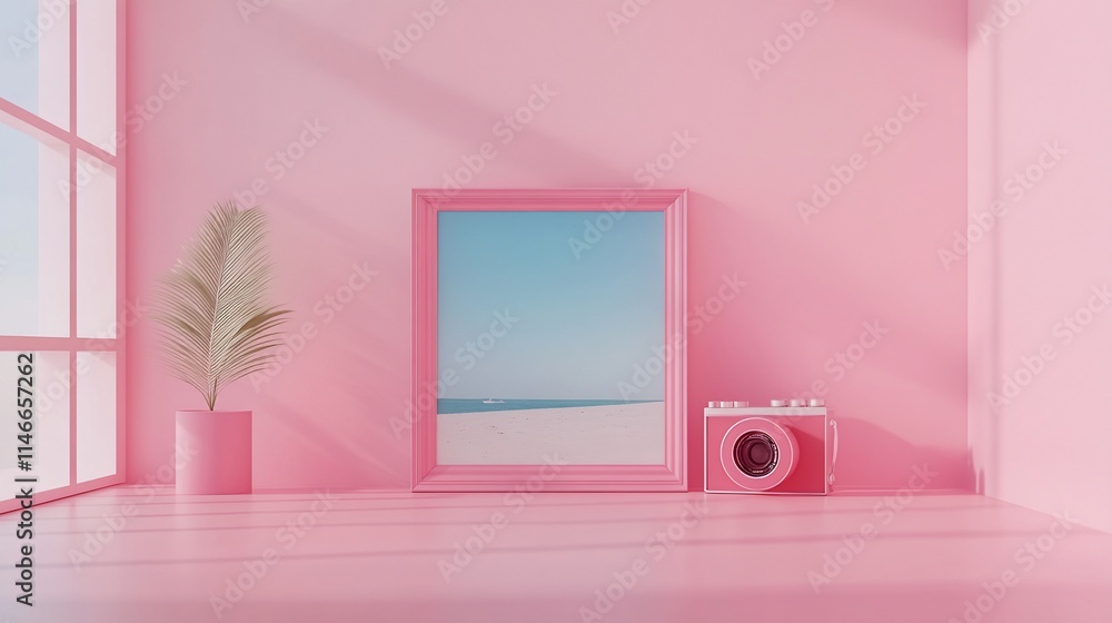Pink room interior with camera, picture frame, and plant. Pink room interior with camera, picture frame, and plant.