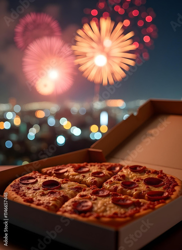 Pizza in a white takeout box at the bottom right, an imaginative skyline with colorful fireworks in the background, festive atmosphere, for a social media delivery post