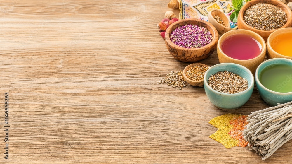 Colorful spices and seeds arranged in bowls on a wooden surface, ideal for culinary themes. Colorful spices and seeds arranged in bowls on a wooden surface, ideal for culinary themes.