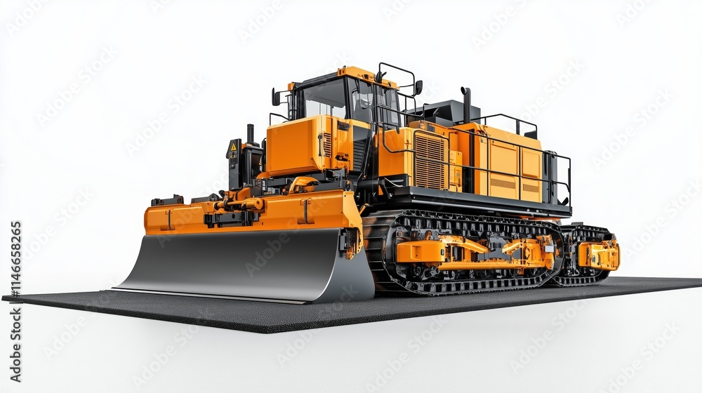 A large orange and black construction vehicle. The front of the vehicle has a large blade. The vehicle is parked on a black surface A large orange and black construction vehicle. The front of the vehicle has a large blade. The vehicle is parked on a black surface