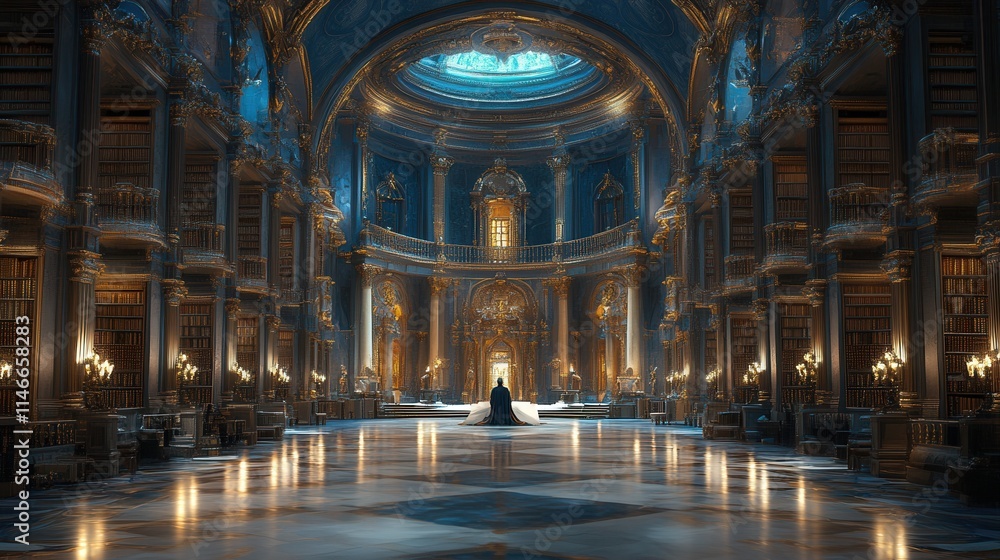 Obraz premium A grand library interior with ornate architecture and soft lighting.