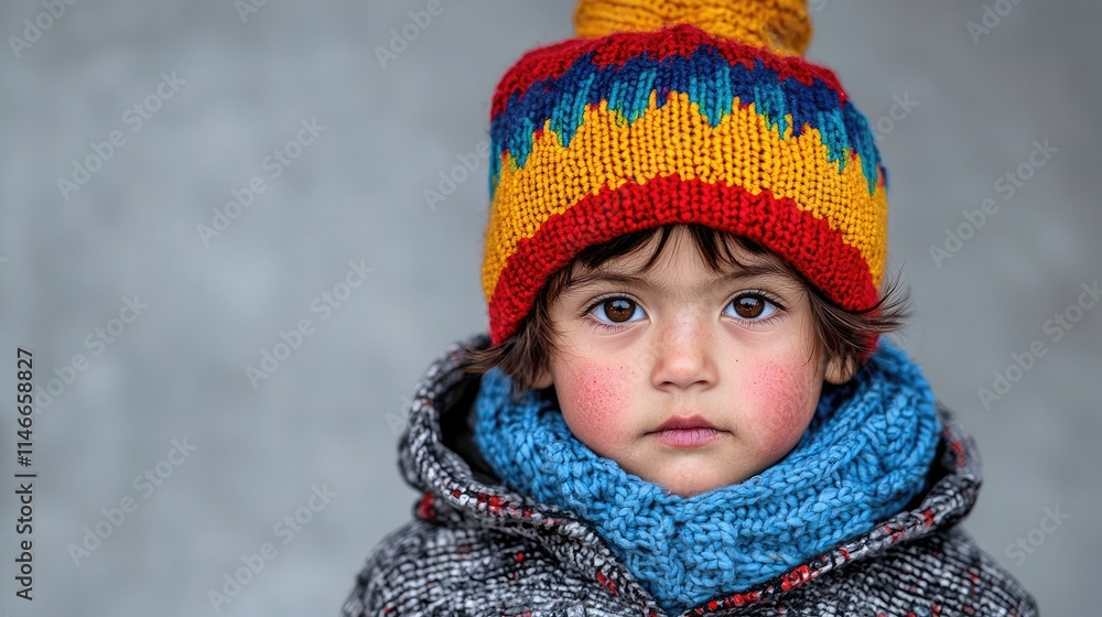Portrait of a toddler with rosy cheeks wearing a colorful knitted hat and scarf against a gray background. Portrait of a toddler with rosy cheeks wearing a colorful knitted hat and scarf against a gray background.