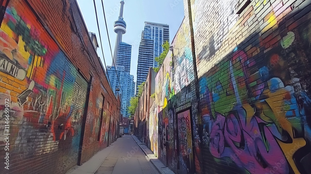 Fototapeta premium Colorful Graffiti on Buildings in Downtown Toronto Alley, AI generated illustration.
