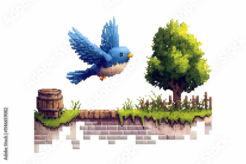 Blue pixel bird flying above barrel and tree on grass patch, against white background. Stock photo. photo