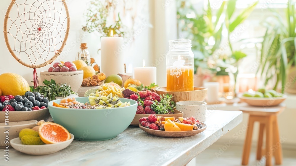 Fresh fruits and vibrant salads arranged on a table in a bright, sunny kitchen. Fresh fruits and vibrant salads arranged on a table in a bright, sunny kitchen.