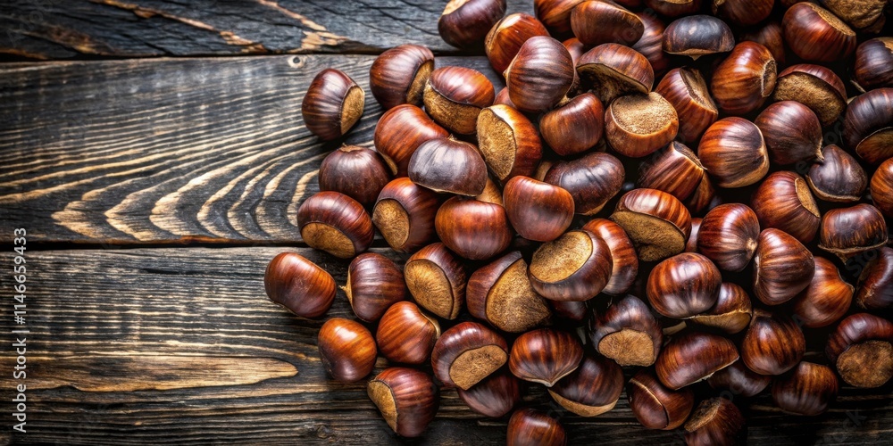 A heap of roasted chestnuts on a rustic wooden surface, showcasing their warm brown hues and inviting aroma. A heap of roasted chestnuts on a rustic wooden surface, showcasing their warm brown hues and inviting aroma.