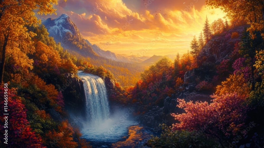 Fototapeta premium autumn waterfall sunset mountain landscape