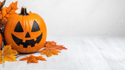 Jack-o'-lantern pumpkin with autumn leaves on white wood. photo