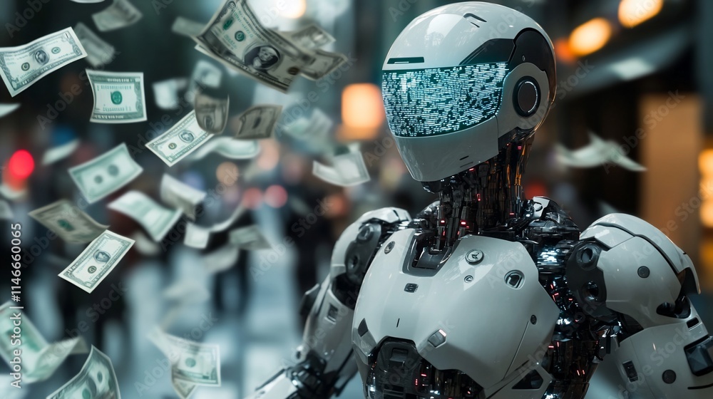 Fototapeta premium A futuristic robot amidst floating dollar bills in a bustling city.