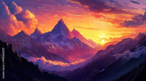 majestic sunset over snowy mountain peaks