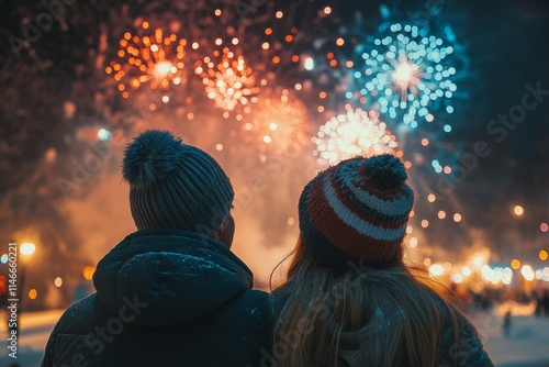 A couple watching colorful fireworks in a winter setting, enjoying a festive atmosphere.