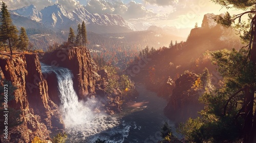 majestic waterfall in mountain valley at sunset