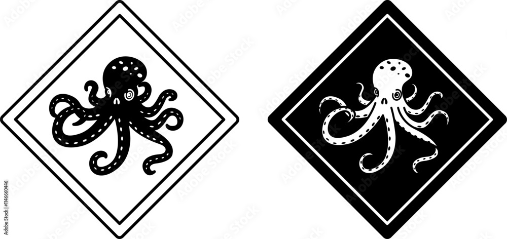 Fototapeta premium Octopus Road Signs. Black and White Vector Icons. Marine Animal Warning Road Sign. Zoo Sticker