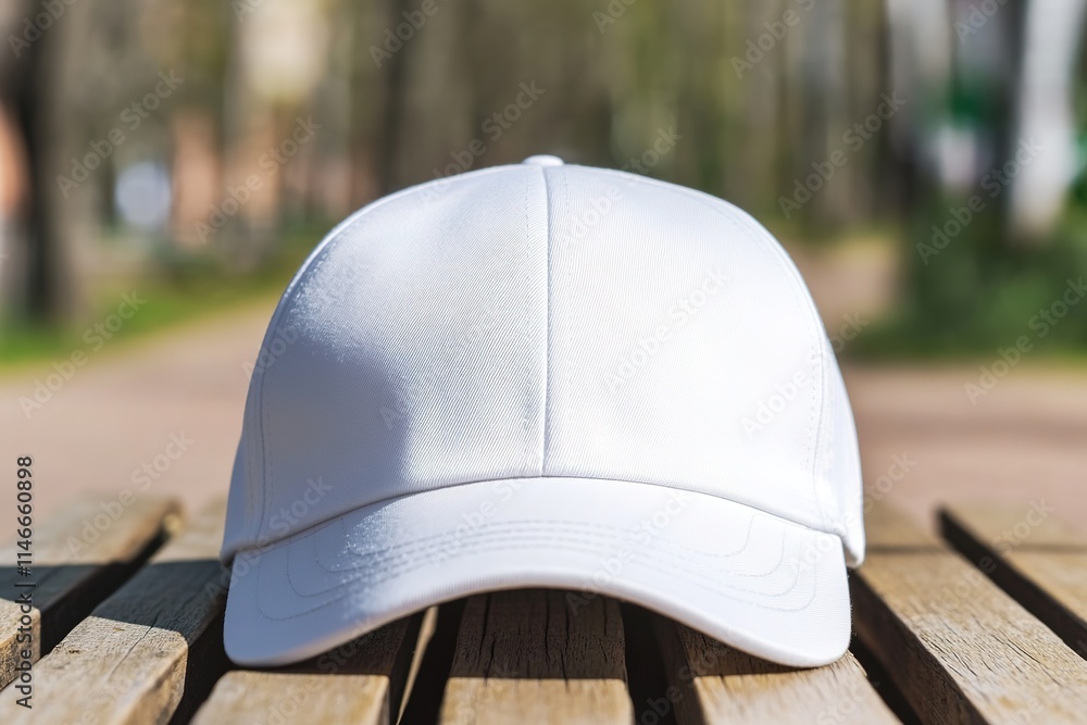 White cap on wooden bench in outdoor setting White cap on wooden bench in outdoor setting